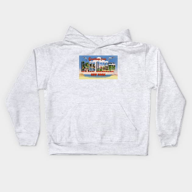 Greetings from Long Island, New York - Vintage Large Letter Postcard Kids Hoodie by Naves